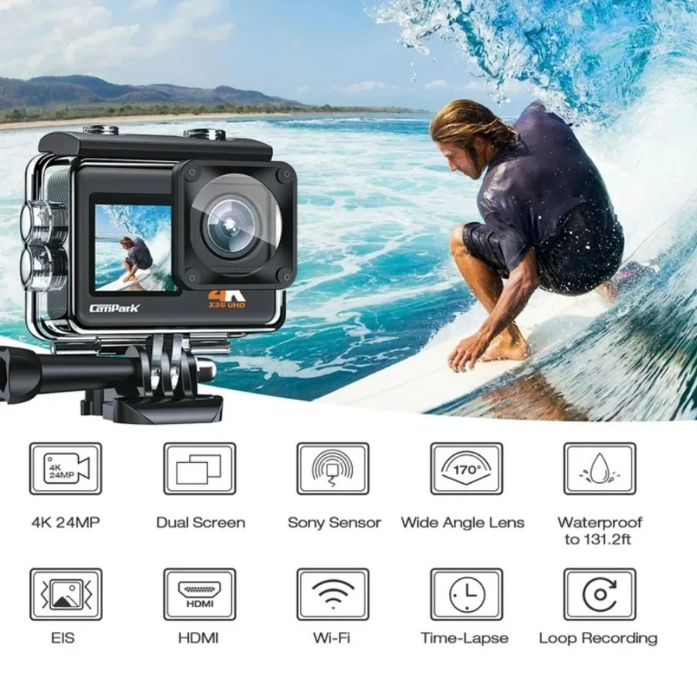 CAMPARK 4K/30FPS Dual Color Screen Action Camera 24MP Ultra HD Wifi Underwater